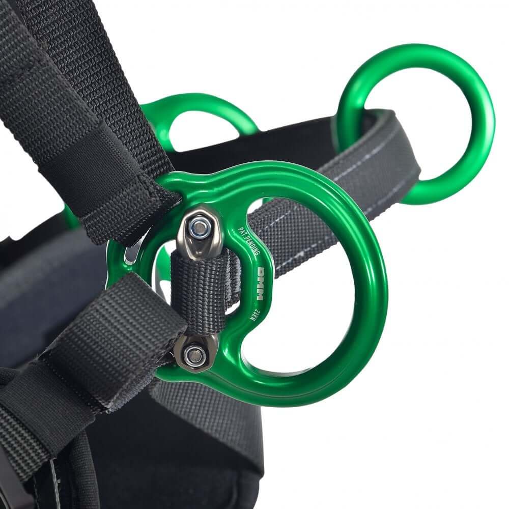 Close-up of the treeMOTION EVO replacement bridge with green rings for tree surgeons, showcasing durable webbing and hardware.