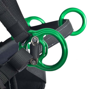 Close-up of the treeMOTION EVO replacement bridge with green rings for tree surgeons, showcasing durable webbing and hardware.