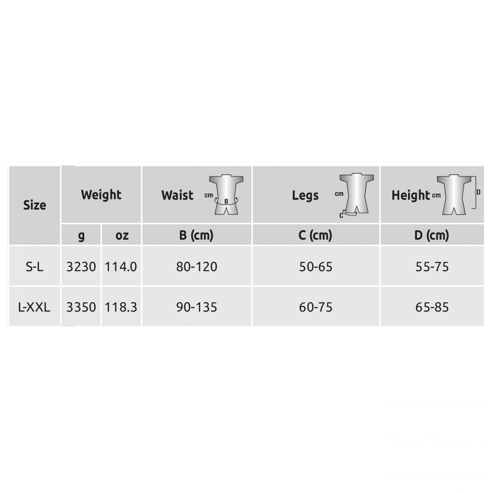 Size chart for CAMP TREE ACCESS EVO Climbing Harness, showing weight and measurements for waist, legs, and height.