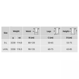 Size chart for CAMP TREE ACCESS EVO Climbing Harness, showing weight and measurements for waist, legs, and height.