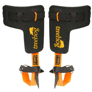 Treehog TH1000 steel spikes for tree surgeons, featuring ergonomic design and reinforced straps for climbing.