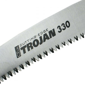 Close-up of Trojan Curved Hand Saw blade with sharp teeth, ideal for tree surgeons and professional cutting tasks.