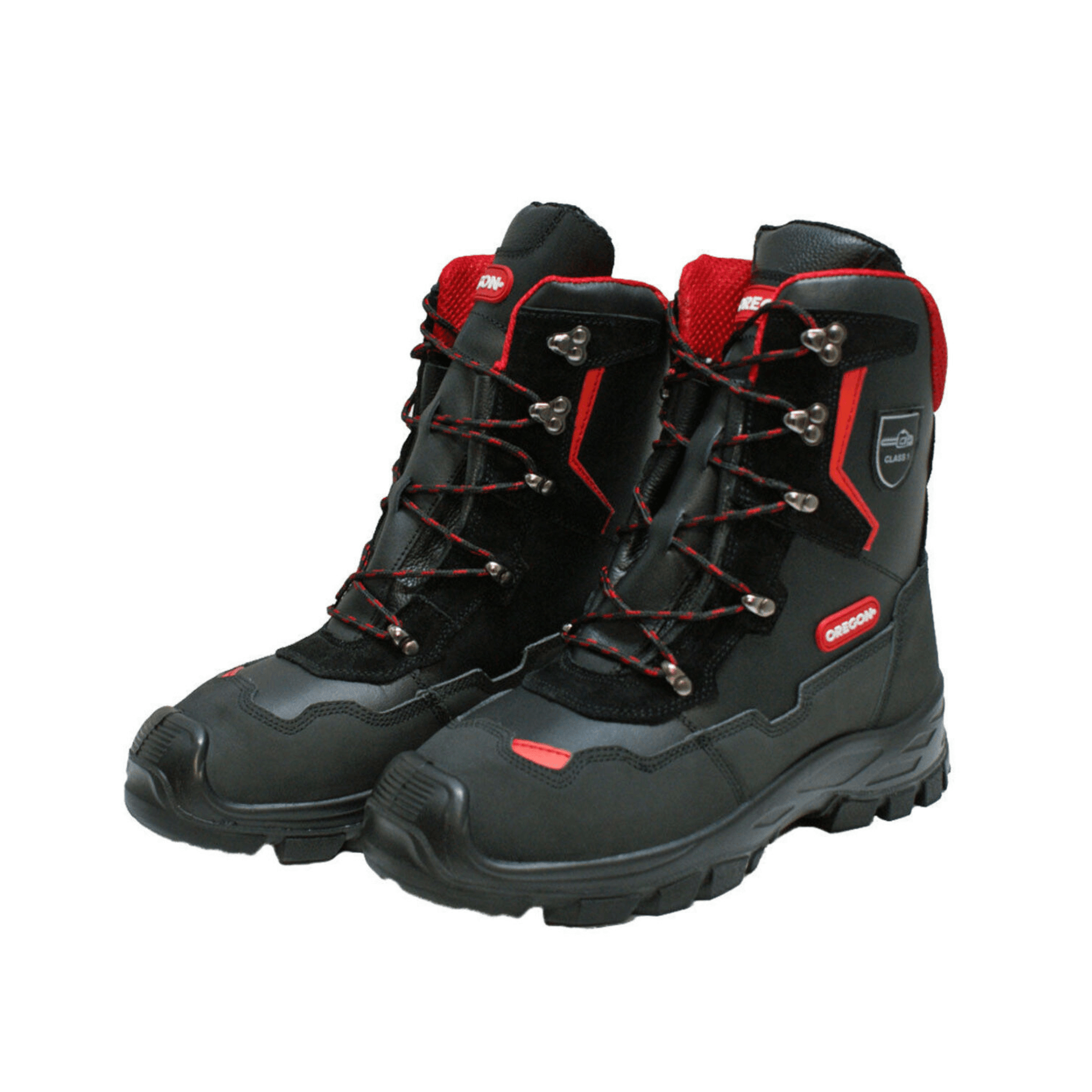 Oregon Yukon Leather Chainsaw Boots Class 1 with red accents, ideal for tree surgeons and chainsaw safety.